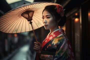 Japanese woman in traditional kimono with umbrella. Asian fashionable geisha colorful costume. Generate ai