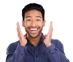 Wow, portrait and excited asian man with news, announcement or info on isolated, transparent or png...