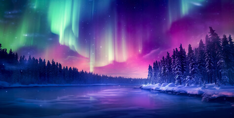 Aurora borealis on the Norway. Green northern lights above mountains. Night sky with polar lights. Night winter landscape with aurora and reflection on the water surface. Natural back