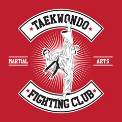 Taekwondo Man Kicking Hand Drawing Vector Illustration in Patch Design Style Fighting Club