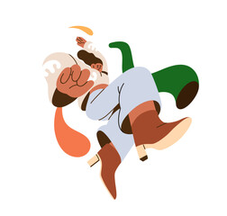 Joy and energy concept. Happy excited creative young woman in motion. Cool energetic active girl jumping. Freedom, inspiration concept. Flat graphic vector illustration isolated on white background