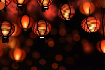 Orange round lanterns in dark black light. Festival decoration hanging oriental Chinese lantern. Generate ai - obrazy, fototapety, plakaty