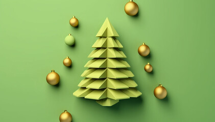 Christmas Tree Mockup Closeup isolated. Green background. Christmas Eve top view flat lay. Winter traditional holidays. Merry Christmas Happy New Year concept blank template copy space.