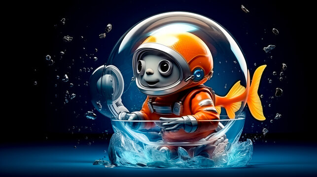 Cartoon character in space suit sitting inside of glass bowl filled with water.