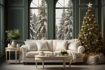 Luxury Christmas living room, toned colors, Christmas tree, cozy sofa
