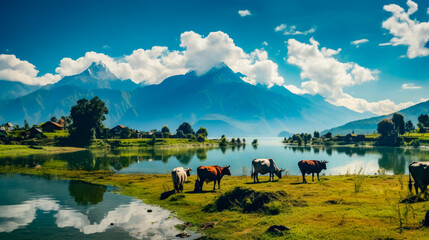 Herd of cattle grazing on lush green field next to lake. - obrazy, fototapety, plakaty