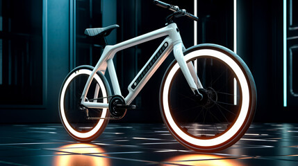 White bicycle with glowing spokes on it's front wheel. - obrazy, fototapety, plakaty