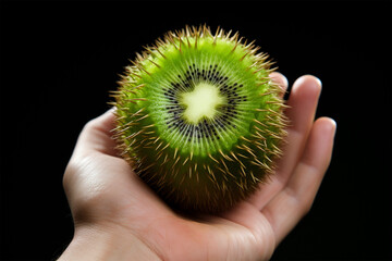 Close-up of a hand holding a kiwi fruit