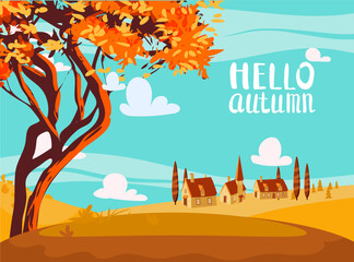 Fototapeta premium Hello Autumn countryside landscape, fall tree, farm, rural village