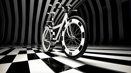Black and white photo of bicycle on checkerboard floor. - obrazy, fototapety, plakaty