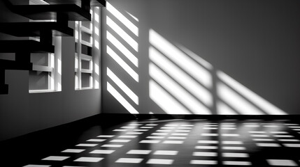 Black and white photo of room with sunlight coming through the windows.