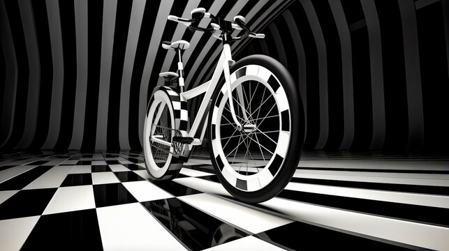 Black and white photo of bicycle on checkerboard floor.