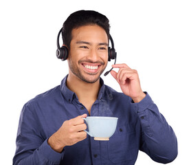 Man, call center and coffee or headset for service, technical support or isolated on transparent...