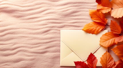 White envelope with red leaf on top of it next to white envelope with red leaf on top of it.