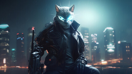 wise cat wearing cyberpunk uniforms, with futuristic weapon on hand. Generative AI