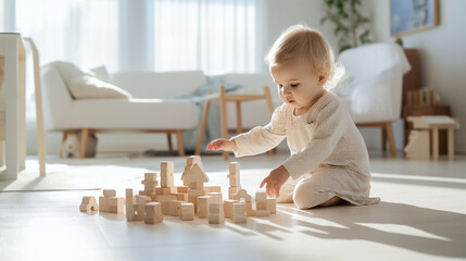 A 1-year-old child plays with wooden toys on the floor in the children's room.