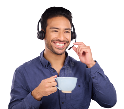 Man, call center and coffee or headset for service, technical support or isolated on transparent png background. Asian person, tea cup and business agent or talking employee as help, sales or smile - Powered by Adobe