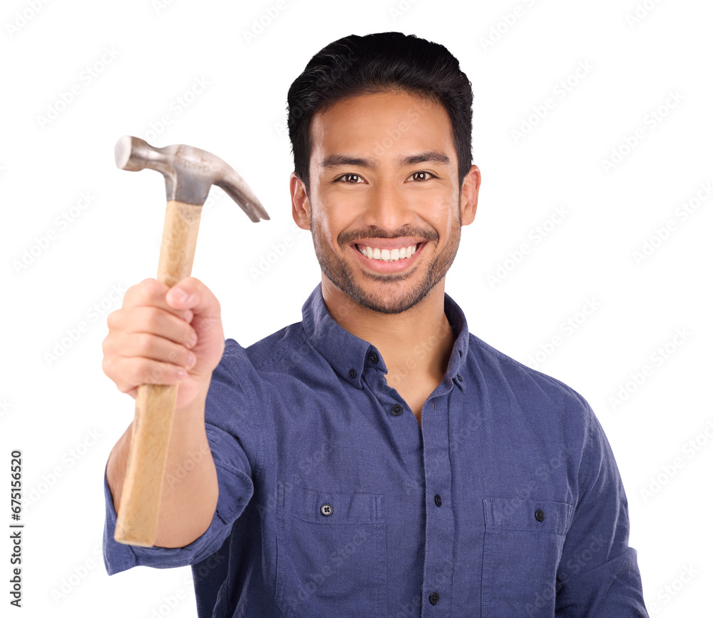 Poster Handyman, tools and portrait of an Asian man with a hammer isolated on a transparent background. Person, face and builder with equipment for repairs, maintenance and employee work with png or worker