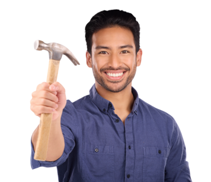 Handyman, tools and portrait of an Asian man with a hammer isolated on a transparent background. Person, face and builder with equipment for repairs, maintenance and employee work with png or worker - Powered by Adobe