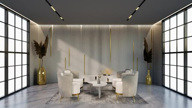 Animated white and gold color hotel lounge with windows and chairs matching the color for waiting room, 3D render.