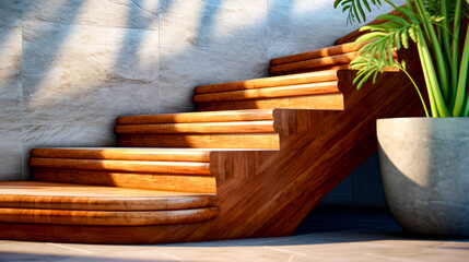 Close up of set of wooden stairs with plant in the background. - Powered by Adobe