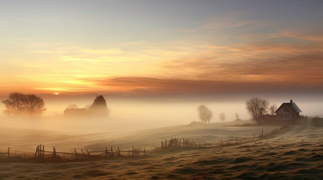 rural land dawn fog landscape illustration mist sun, environment travel, autumn dusk rural land dawn fog landscape