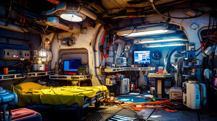 The inside of space station with bed and monitor on the wall.