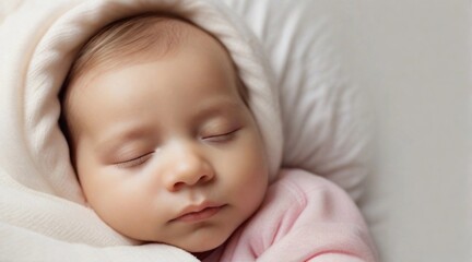 Portrait of a baby girl sleeps tight against white background with space for text, generative AI, background image