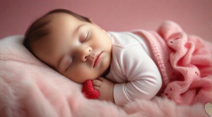 Portrait of a baby girl sleeps tight against Valentine's Day feel background with space for text, generative AI, background image