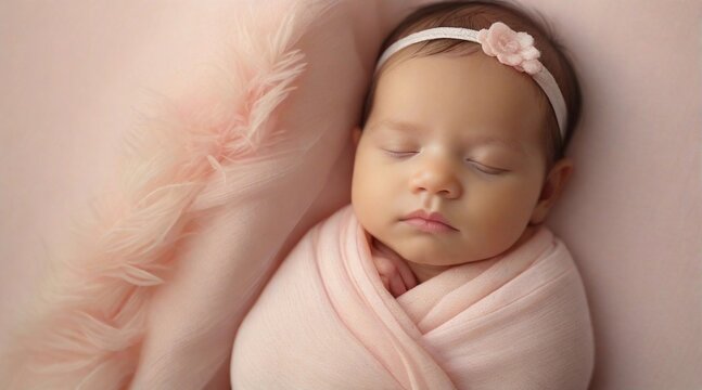 Portrait of a baby girl sleeps tight against pastel background with space for text, generative AI, background image