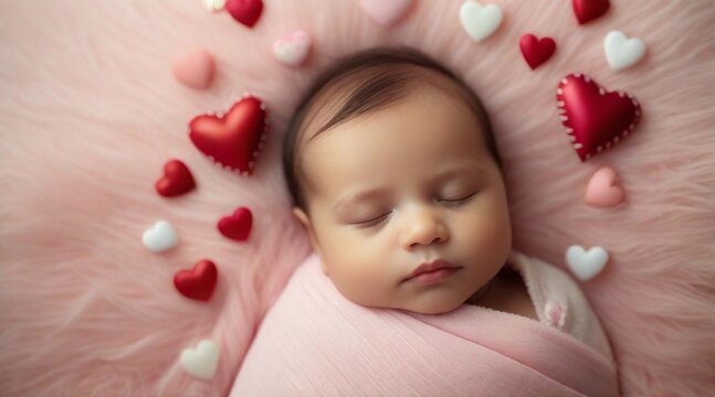 Portrait of a baby girl sleeps tight against Valentine's Day feel background with space for text, generative AI, background image