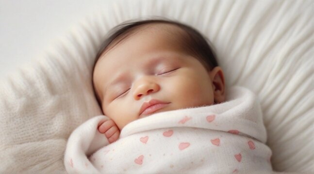 Portrait of a baby girl sleeps tight against white background with space for text, generative AI, background image