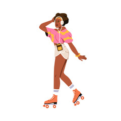 Fototapeta na wymiar Happy black woman skating on roller skates, rolling shoe. Girl skater in headphones, listen to music. Fashion female character in retro 80s style. Flat vector illustration isolated on white background