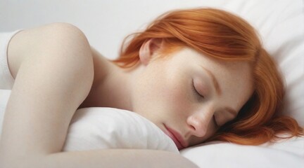 Obraz na płótnie Canvas Portrait of a red hair white female sleeps tight against white background with space for text, generative AI, background image
