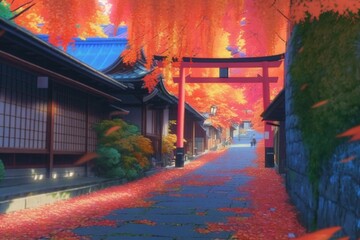 秋 紅葉 日本 京都 神社 自然 風景 イラスト 観光地, generative AI