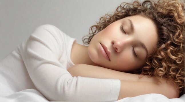 Portrait of a curly brown hair white female sleeps tight against white background with space for text, generative AI, background image