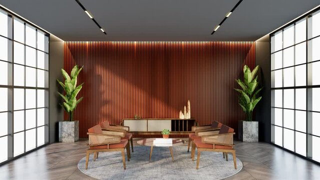 Animation apricot color hotel lounge with windows and chairs, matching the color for waiting room. 3D render