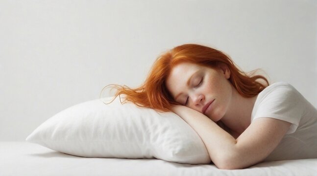 Portrait of a red hair white female sleeps tight against white background with space for text, generative AI, background image