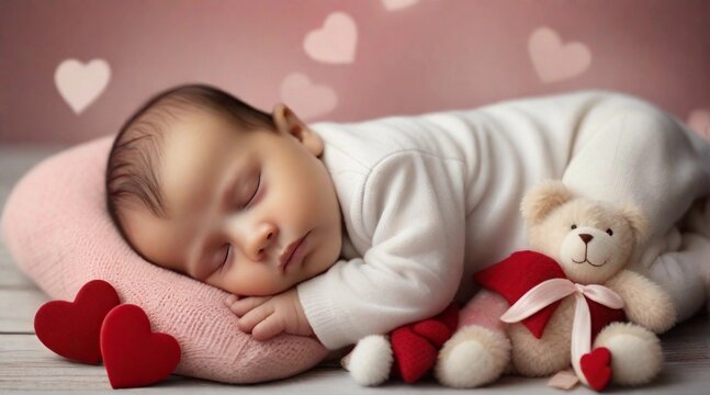Portrait of a baby boy sleeps tight against Valentine's Day feel background with space for text, generative AI, background image