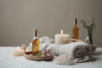 Relaxing spa arrangement with creams, oils, towels on bright background. Wellness, self-care, pampering. Generative AI