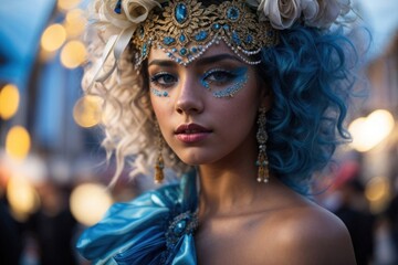 Carnival Masquerade portrait, Enigmatic beauty in a blue feathered masquerade mask. Woman in mask during Carnival party parade