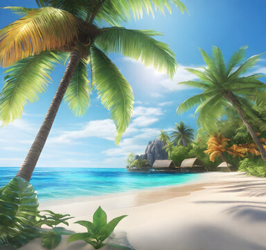 Tropical Paradise: Pristine Beach, Palm Trees, and Crystal Clear Waters. generative AI