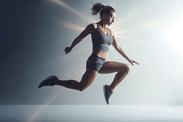 Zelfklevend Fotobehang Woman make full exercise jump. Sport fitness slim fit active. Generate Ai © nsit0108