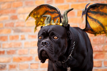 Black Cane Corso dog in a dragon costume with wings and horns on the background of a brick wall....