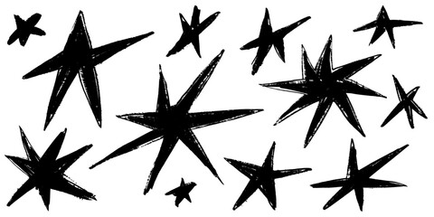 Grunge charcoal scrawl hand drawn stars, rough doodle shapes. Freehand crayon pencil starry elements. Vector illustration, scribble icon for poster, collage, banner. - obrazy, fototapety, plakaty