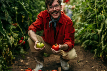 Proud male enjoying his time picking organic tomatoes in his lush greenhouse
