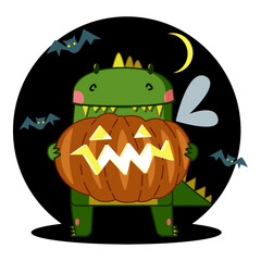 Fototapeta premium cute green dragon holding a pumpkin in his hands