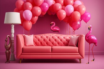 Pink flamingo room with balloons. Rosy sofa in pinkish decorated living room. Generate ai