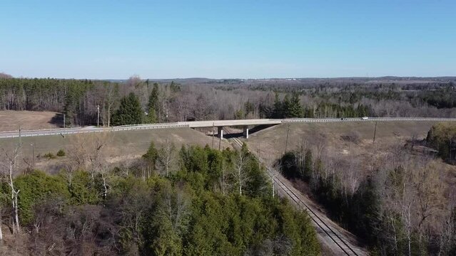 Aerial View Of Cars Driving On Bridge In Caledon, Ontario