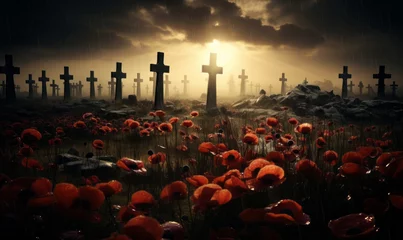 Foto op Plexiglas Soldiers graves marked with crosses stand in a poppy field. Remembrance day background © ink drop